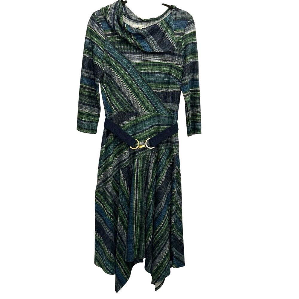 Danny & Nicole Belted Midi Dress Size 8 Green Blue Stripe Asymmetrical‎